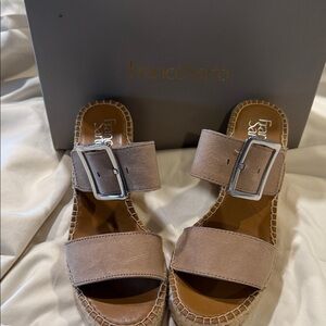 Franco Sarto Taupe Suede Double-Strap Slide Sandals with Buckle